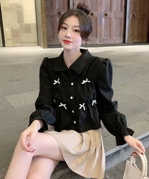 【Mayree】リボン　シャーリングブラウス