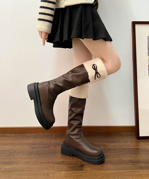 Lace Ladies(レースレディース)の「レザー調 サイド リボン ファー ロング ブーツ(ブーツ・レディース・ブラウン/ブラック・22.5cm/23cm/23.5cm/24cm/24.5cm)」の7枚目の写真