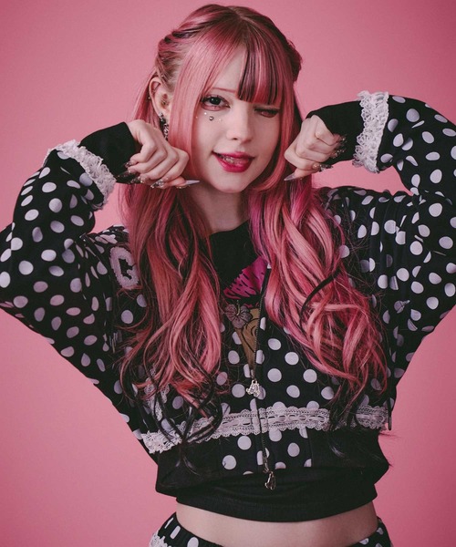 GALFY(ガルフィー)の「GALFY(ガルフィー)ポップポップI LOVE GALパーカー/ドット総柄 ネコ耳フード ダブルジップフーディー(パーカー・レディース・ホワイト/ピンク/ブラック・FREE)」の14枚目の写真