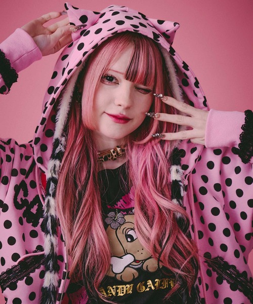 GALFY(ガルフィー)の「GALFY(ガルフィー)ポップポップI LOVE GALパーカー/ドット総柄 ネコ耳フード ダブルジップフーディー(パーカー・レディース・ホワイト/ピンク/ブラック・FREE)」の18枚目の写真