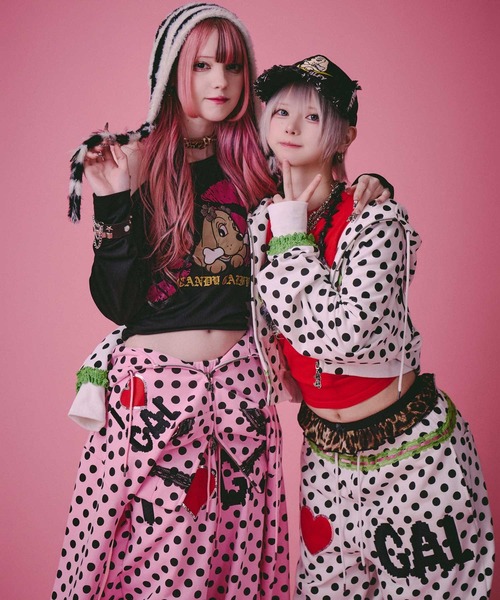 GALFY(ガルフィー)の「GALFY(ガルフィー)ポップポップI LOVE GALパーカー/ドット総柄 ネコ耳フード ダブルジップフーディー(パーカー・レディース・ホワイト/ピンク/ブラック・FREE)」の6枚目の写真