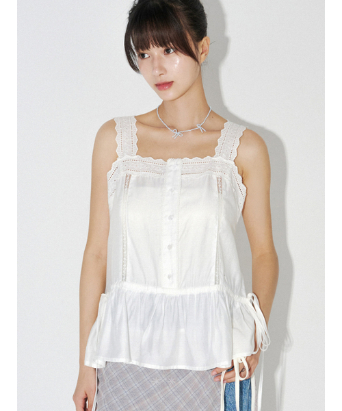 MELLOTORY（メロートリー）の「レーステーピングノースリーブブラウス（ホワイト）（Tシャツ/カットソー・レディース・ホワイト・FREE）」の5枚目の写真