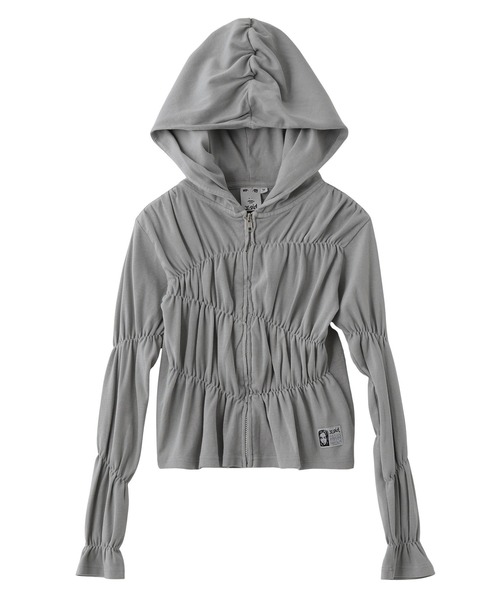 X-girl(エックスガール)の「FADED SHIRRED COMPACT ZIP UP HOODIE(パーカー・レディース・グレー/ブラック・ONE SIZE)」の9枚目の写真
