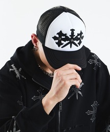 UNKNOWN LONDON（アンノウン・ロンドン）の「メッシュキャップ｜Dagger Cross Leather Patch Mash Cap｜Unknown London（キャップ）」
