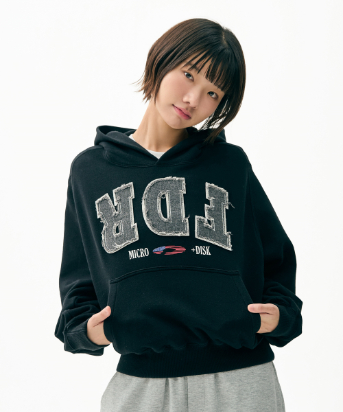FDR(エフディーアール)の「Washing Applique USA Micro Disk Hoodie Black(パーカー・メンズ・その他・SMALL/LARGE/MEDIUM)」の1枚目の写真