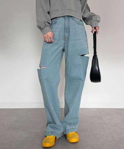 サイドカットダメージデニム（デニムパンツ）｜mellomela.（メロメラ