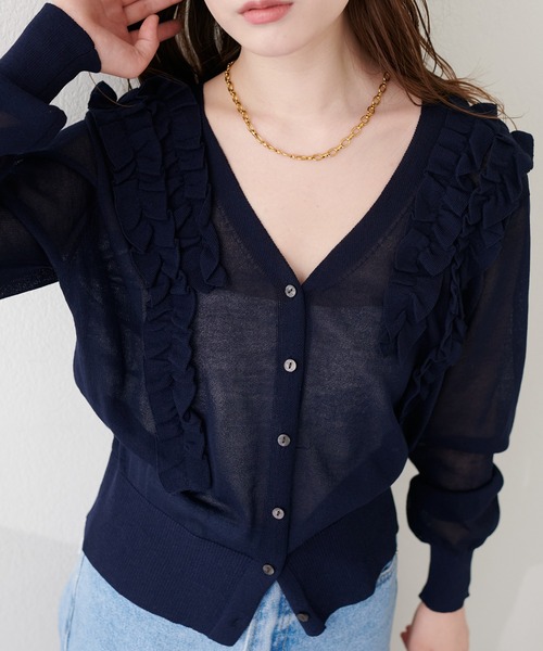 natural couture(ナチュラルクチュール)の「ちびフリルシアーカーディガン(カーディガン/ボレロ・レディース・ピンク/サックスブルー/アイボリー/ネイビー・FREE)」の1枚目の写真