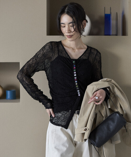 Firsthand(ファーストハンド)の「Firsthand/ファーストハンド メニーボタン レース シャーリング カーディガン(ニット/セーター・レディース・オフホワイト/サックスブルー/ブラック・FREE)」の15枚目の写真