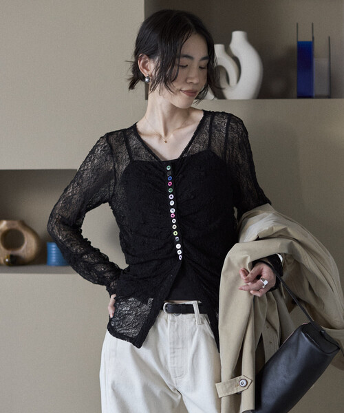 Firsthand(ファーストハンド)の「Firsthand/ファーストハンド メニーボタン レース シャーリング カーディガン(ニット/セーター・レディース・オフホワイト/サックスブルー/ブラック・FREE)」の16枚目の写真