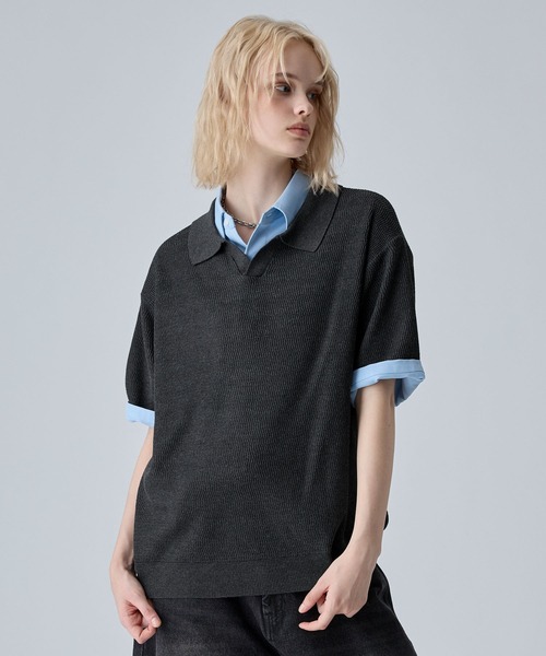 VELNUS】Melange-Like Compact Skipper Short-Sleeve Knit Polo Shirt