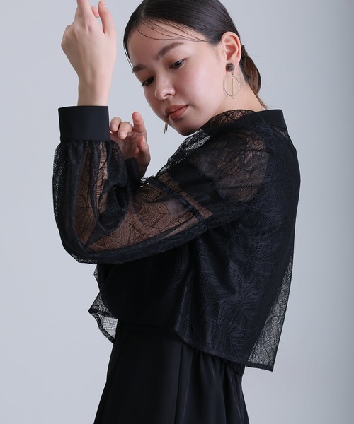シアーレース スリーブ スタンドカラー パンツドレス ロング丈 ワイド