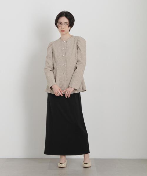 troisiemeCHACO(トロワズィエムチャコ)の「troisieme chaco/別注 PUFFY JACQUARD ジャケット(ノーカラージャケット・レディース・ベージュ/ネイビー・38)」の6枚目の写真