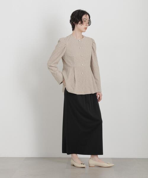 troisiemeCHACO(トロワズィエムチャコ)の「troisieme chaco/別注 PUFFY JACQUARD ジャケット(ノーカラージャケット・レディース・ベージュ/ネイビー・38)」の9枚目の写真