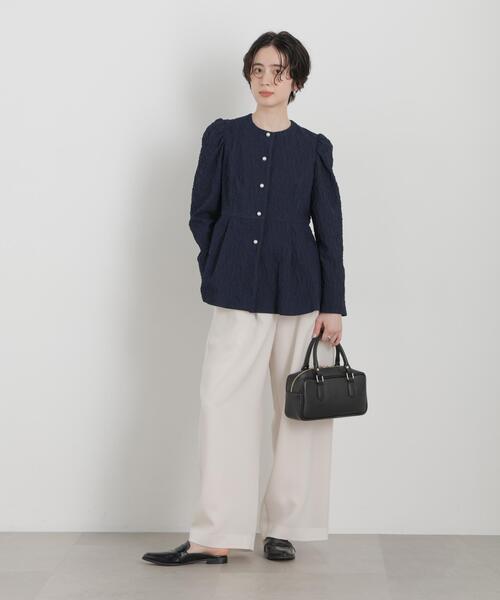 troisiemeCHACO(トロワズィエムチャコ)の「troisieme chaco/別注 PUFFY JACQUARD ジャケット(ノーカラージャケット・レディース・ベージュ/ネイビー・38)」の14枚目の写真
