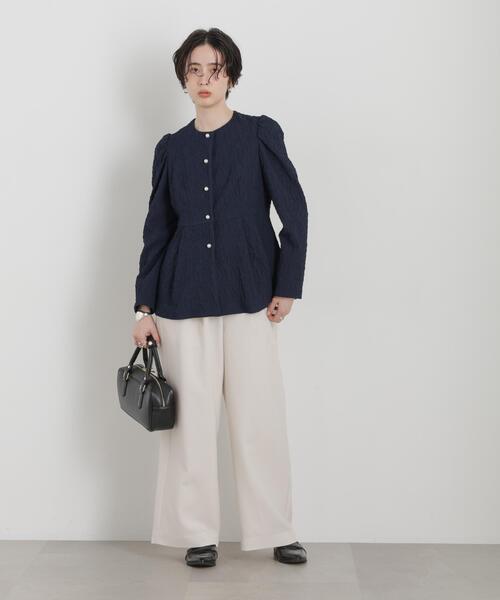 troisiemeCHACO(トロワズィエムチャコ)の「troisieme chaco/別注 PUFFY JACQUARD ジャケット(ノーカラージャケット・レディース・ベージュ/ネイビー・38)」の15枚目の写真