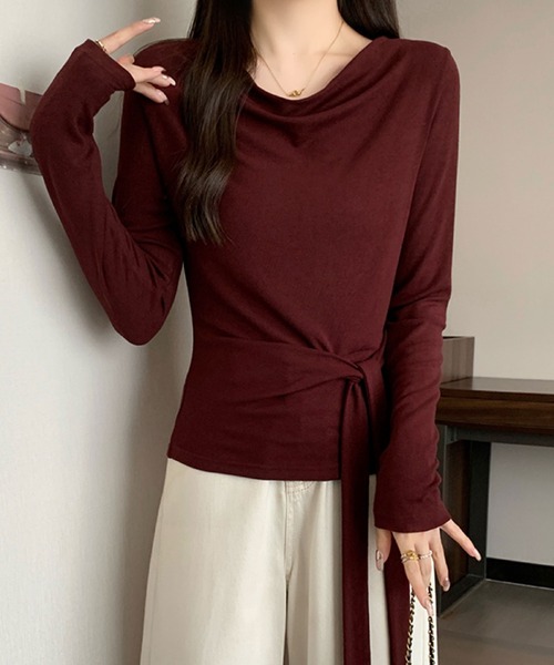 2ly2(トゥーリートゥー)の「ドレープネック リボンデザイン 長袖トップス / フェミニン ドレープカットソー(Tシャツ/カットソー・レディース・ボルドー/ホワイト/ブラック・FREE)」の10枚目の写真