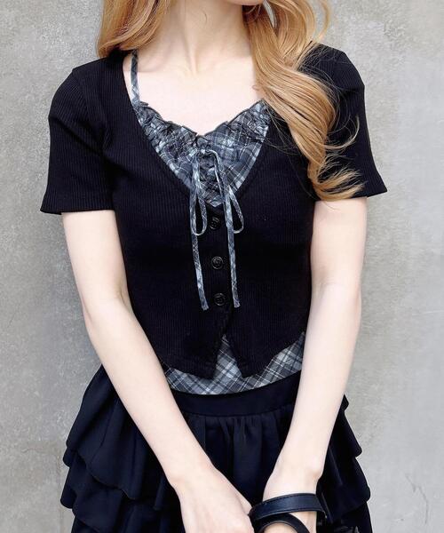 INGNI(イング)の「レイヤードカーデトップス(Tシャツ/カットソー・レディース・ブラック系5/グレー系その他6/ベージュ系6/ブラック×グレー・M)」の2枚目の写真