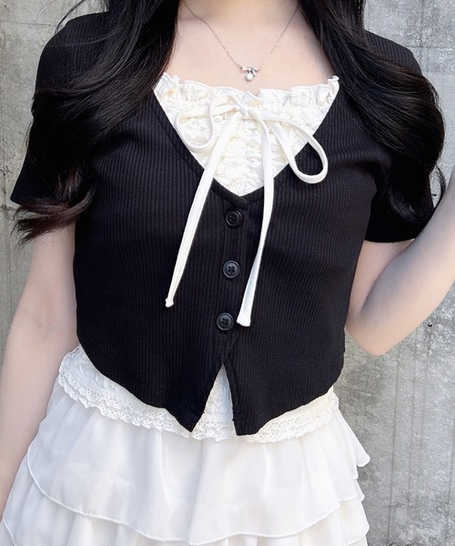 INGNI(イング)の「レイヤードカーデトップス(Tシャツ/カットソー・レディース・ブラック系5/グレー系その他6/ベージュ系6/ブラック×グレー・M)」の13枚目の写真