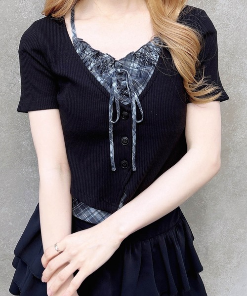 INGNI(イング)の「レイヤードカーデトップス(Tシャツ/カットソー・レディース・ブラック系5/グレー系その他6/ベージュ系6/ブラック×グレー・M)」の6枚目の写真