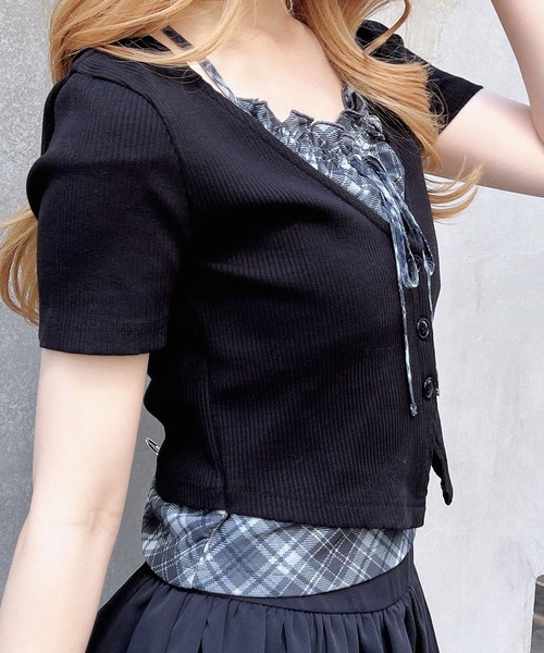 INGNI(イング)の「レイヤードカーデトップス(Tシャツ/カットソー・レディース・ブラック系5/グレー系その他6/ベージュ系6/ブラック×グレー・M)」の8枚目の写真
