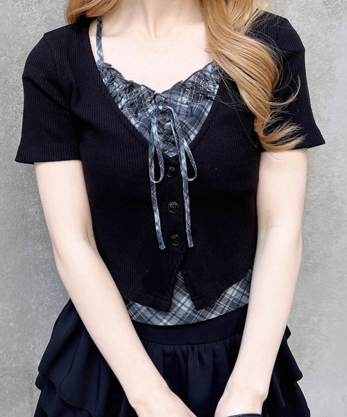 INGNI(イング)の「レイヤードカーデトップス(Tシャツ/カットソー・レディース・ブラック系5/グレー系その他6/ベージュ系6/ブラック×グレー・M)」の7枚目の写真