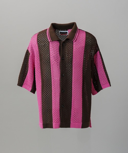 MAISON SPECIAL（メゾンスペシャル）の「《UNISEX》Random Stripe Mesh Jacquard Prime-Over Short Sleeve Knit Shirt/ランダムストライプメッシュジャガードプライムオーバーショートスリーブニットシャツ【MAISON SPECIAL/メゾンスペシャル】（シャツ/ブラウス・メンズ・ブラック/ピンク・0/1/2）」の4枚目の写真