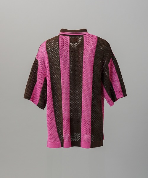 MAISON SPECIAL（メゾンスペシャル）の「《UNISEX》Random Stripe Mesh Jacquard Prime-Over Short Sleeve Knit Shirt/ランダムストライプメッシュジャガードプライムオーバーショートスリーブニットシャツ【MAISON SPECIAL/メゾンスペシャル】（シャツ/ブラウス・メンズ・ブラック/ピンク・0/1/2）」の6枚目の写真
