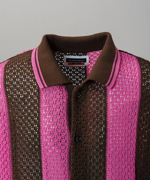 MAISON SPECIAL（メゾンスペシャル）の「《UNISEX》Random Stripe Mesh Jacquard Prime-Over Short Sleeve Knit Shirt/ランダムストライプメッシュジャガードプライムオーバーショートスリーブニットシャツ【MAISON SPECIAL/メゾンスペシャル】（シャツ/ブラウス・メンズ・ブラック/ピンク・0/1/2）」の7枚目の写真
