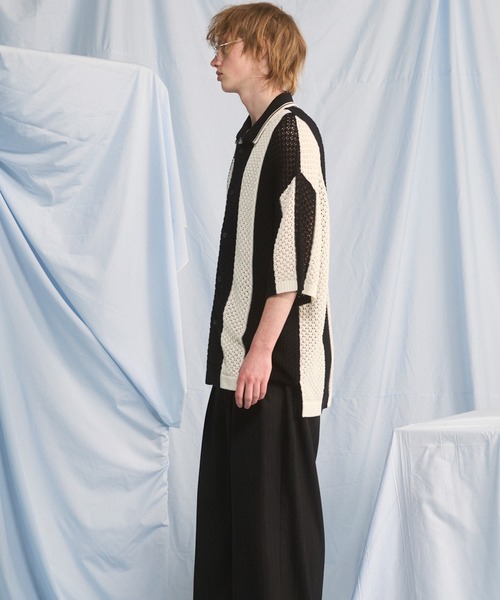 MAISON SPECIAL（メゾンスペシャル）の「《UNISEX》Random Stripe Mesh Jacquard Prime-Over Short Sleeve Knit Shirt/ランダムストライプメッシュジャガードプライムオーバーショートスリーブニットシャツ【MAISON SPECIAL/メゾンスペシャル】（シャツ/ブラウス・メンズ・ブラック/ピンク・0/1/2）」の18枚目の写真