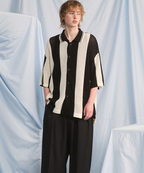 MAISON SPECIAL（メゾンスペシャル）の「《UNISEX》Random Stripe Mesh Jacquard Prime-Over Short Sleeve Knit Shirt/ランダムストライプメッシュジャガードプライムオーバーショートスリーブニットシャツ【MAISON SPECIAL/メゾンスペシャル】（シャツ/ブラウス・メンズ・ブラック/ピンク・0/1/2）」の17枚目の写真