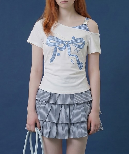 HOOK（フック）の「HOOK for girls　ギンガムリボンワンショルダー半袖トップス (SS)（Tシャツ/カットソー・レディース・ホワイト/ブラック・FREE）」の2枚目の写真