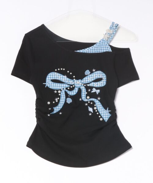 HOOK（フック）の「HOOK for girls　ギンガムリボンワンショルダー半袖トップス (SS)（Tシャツ/カットソー・レディース・ホワイト/ブラック・FREE）」の22枚目の写真