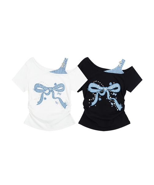 HOOK（フック）の「HOOK for girls　ギンガムリボンワンショルダー半袖トップス (SS)（Tシャツ/カットソー・レディース・ホワイト/ブラック・FREE）」の3枚目の写真