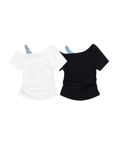 HOOK（フック）の「HOOK for girls　ギンガムリボンワンショルダー半袖トップス (SS)（Tシャツ/カットソー・レディース・ホワイト/ブラック・FREE）」の4枚目の写真