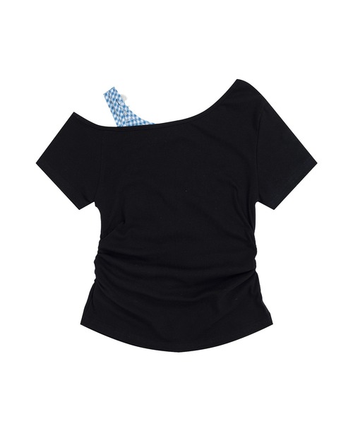 HOOK（フック）の「HOOK for girls　ギンガムリボンワンショルダー半袖トップス (SS)（Tシャツ/カットソー・レディース・ホワイト/ブラック・FREE）」の5枚目の写真