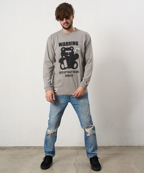 STUD MUFFIN（スタッドマフィン）の「mlt5691- 5.6ozコットン天竺 WARNING BEARフォームプリントLS Tシャツ(624-02905)（Tシャツ/カットソー・メンズ・ブラック/チャコールグレー/ホワイト/ライトグリーン・2/3/4）」の15枚目の写真