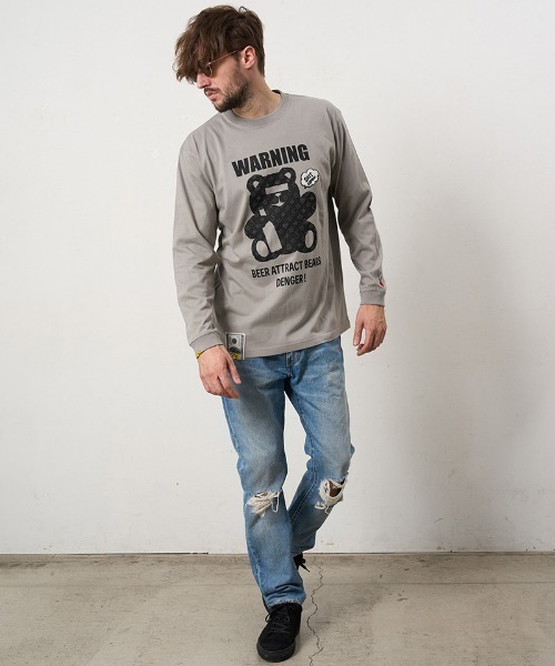 STUD MUFFIN（スタッドマフィン）の「mlt5691- 5.6ozコットン天竺 WARNING BEARフォームプリントLS Tシャツ(624-02905)（Tシャツ/カットソー・メンズ・ブラック/チャコールグレー/ホワイト/ライトグリーン・2/3/4）」の16枚目の写真