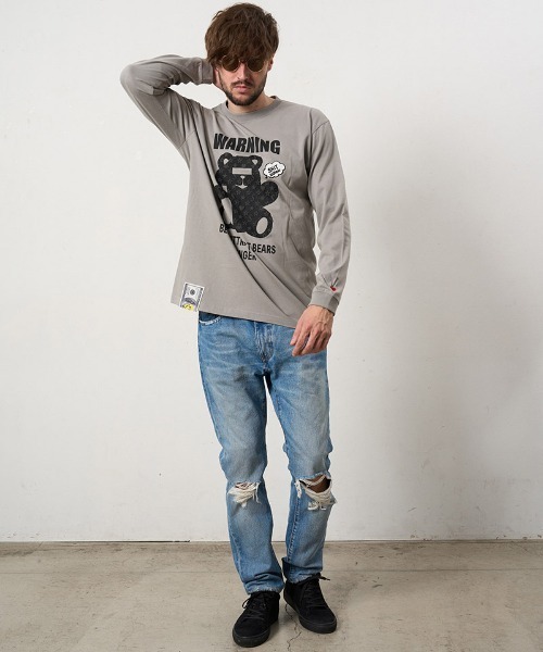 STUD MUFFIN（スタッドマフィン）の「mlt5691- 5.6ozコットン天竺 WARNING BEARフォームプリントLS Tシャツ(624-02905)（Tシャツ/カットソー・メンズ・ブラック/チャコールグレー/ホワイト/ライトグリーン・2/3/4）」の17枚目の写真