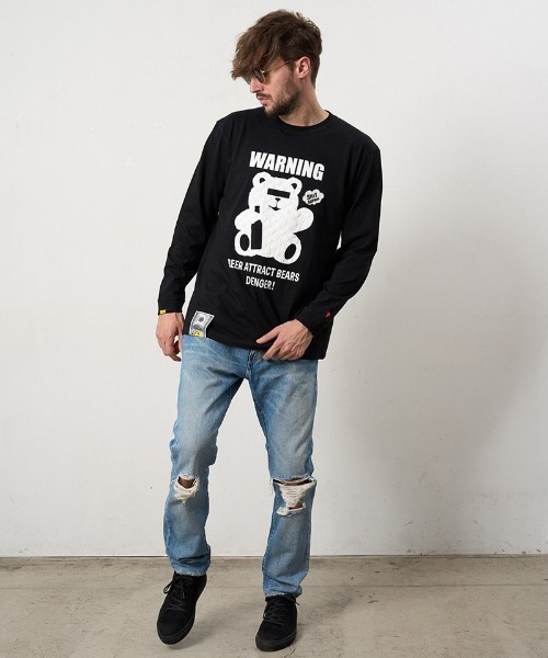STUD MUFFIN（スタッドマフィン）の「mlt5691- 5.6ozコットン天竺 WARNING BEARフォームプリントLS Tシャツ(624-02905)（Tシャツ/カットソー・メンズ・ブラック/チャコールグレー/ホワイト/ライトグリーン・2/3/4）」の12枚目の写真