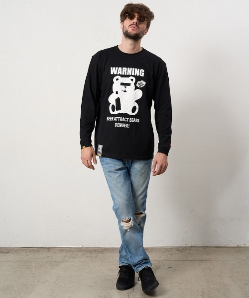 STUD MUFFIN（スタッドマフィン）の「mlt5691- 5.6ozコットン天竺 WARNING BEARフォームプリントLS Tシャツ(624-02905)（Tシャツ/カットソー・メンズ・ブラック/チャコールグレー/ホワイト/ライトグリーン・2/3/4）」の13枚目の写真