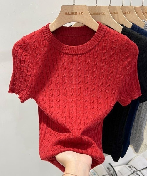 LUCPY(ラクピー)の「ケーブルリブニット半袖トップス(その他トップス・レディース・ブラック/グレー/ホワイト/レッド/ネイビー/イエロー・FREE)」の6枚目の写真