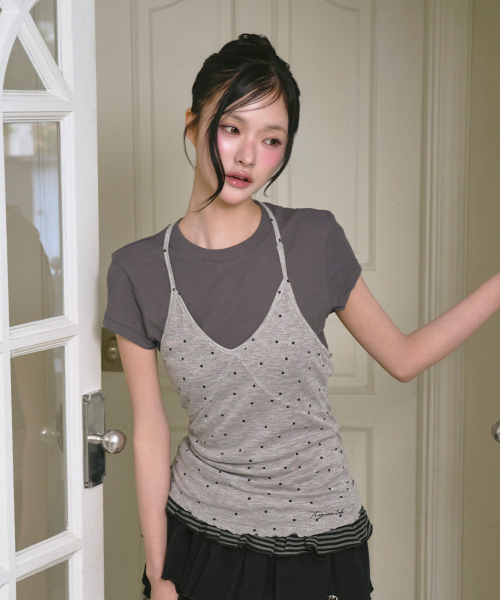 THE GREEN LAB（ザグリーンラボ）の「ドットホルタートップレイヤード半袖セット[ライトグレー]（Tシャツ/カットソー・レディース・その他・FREE）」の2枚目の写真