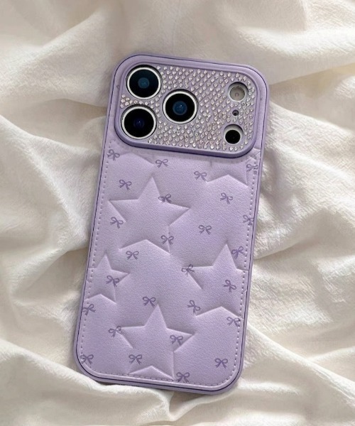 ラインストーンカバー リボンモチーフ 星柄 キルティング iPhone
