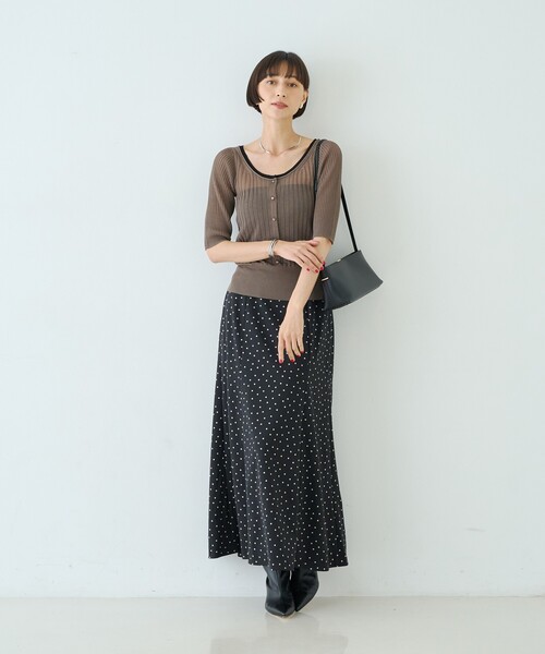 Rouge vif(ルージュヴィフ)の「シアーリブ半袖ニットプルオーバー/カーディンガン風(ニット/セーター・レディース・ネイビー/オフホワイト/グレー・フリー)」の4枚目の写真