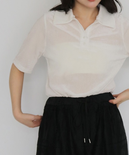 cheriella(シェリエラ)の「【cheriella】シアーベロアポロトップス SHEER VELOUR POLO TOP(Tシャツ/カットソー・レディース・ブラウン/グレー/オフホワイト/ブラック・FREE)」の2枚目の写真
