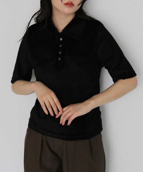 cheriella(シェリエラ)の「【cheriella】シアーベロアポロトップス SHEER VELOUR POLO TOP(Tシャツ/カットソー・レディース・ブラウン/グレー/オフホワイト/ブラック・FREE)」の3枚目の写真