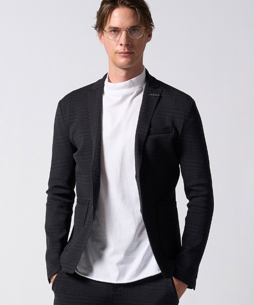 wjk（ダヴルジェイケイ）の「mj11797-function knit jacket(jacquard check) ニットジャケット(207 mw08j)（テーラードジャケット・メンズ・ブラック系その他/ネイビー系・L/M/S/XL）」の2枚目の写真