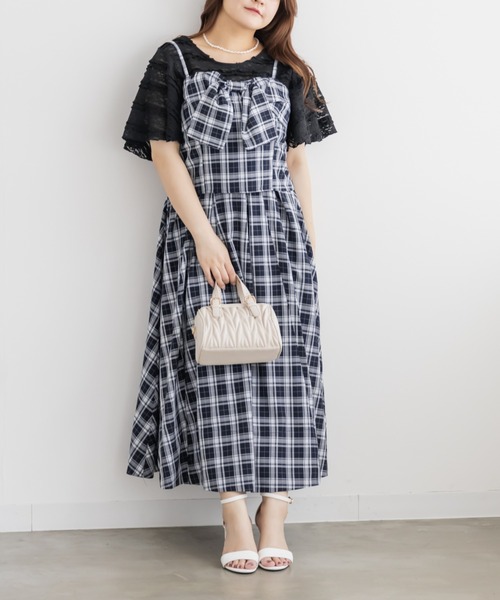 CLETTE(クレット)の「チェックビスチェ&タックスカートセット(ワンピース・レディース・ネイビー/ブラック・LL/4L/3L)」の1枚目の写真