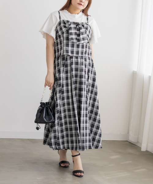 CLETTE(クレット)の「チェックビスチェ&タックスカートセット(ワンピース・レディース・ネイビー/ブラック・LL/4L/3L)」の2枚目の写真