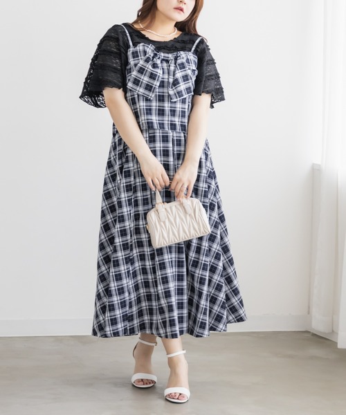 CLETTE(クレット)の「チェックビスチェ&タックスカートセット(ワンピース・レディース・ネイビー/ブラック・LL/4L/3L)」の5枚目の写真